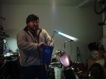 Steve preparing to bend my kickstand after installing dogbones to lower the bike 2''.